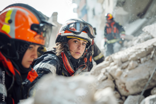 A team of female firefighters conducting a search and rescue operation in a collapsed building, their coordinated efforts and expertise instrumental in locating and extricating survivors trapped in