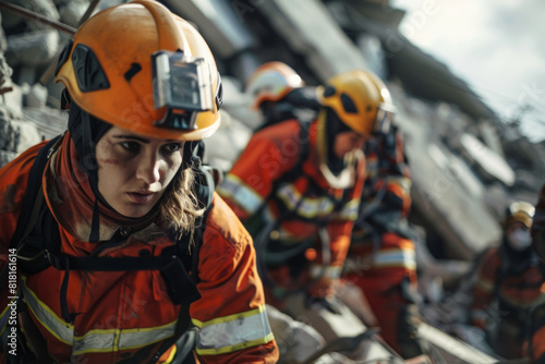 A team of female firefighters conducting a search and rescue operation in a collapsed building, their coordinated efforts and expertise instrumental in locating and extricating survivors trapped in