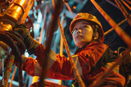 A woman firefighter participating in a high-angle rescue operation, her agility and fearlessness essential as she ascends a towering structure to reach and rescue a stranded individual, her