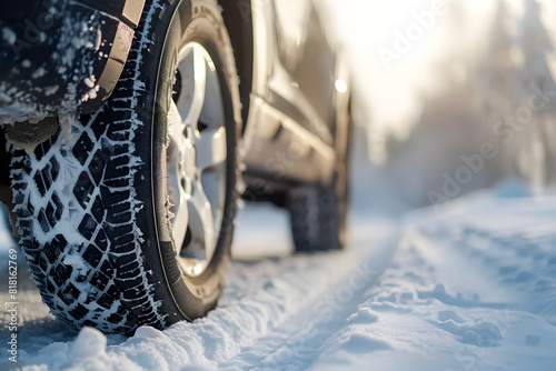 Winter tire SUV car on snowy road, family travel to a ski resort. Concept of winter or spring holidays adventures.