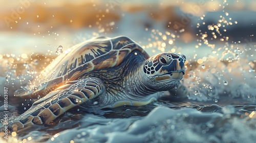 Create a mesmerizing CG 3D rendering of the Kemps ridley turtle rising from the waves
