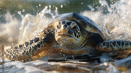 Create a mesmerizing CG 3D rendering of the Kemps ridley turtle rising from the waves