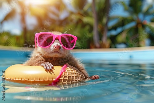 Ferret with Pink Sunglasses Floating on an Ice Cream Float: A fun-loving ferret in pink sunglasses, relaxing on an ice cream cone-shaped pool float in a pool with tropical surroundings.