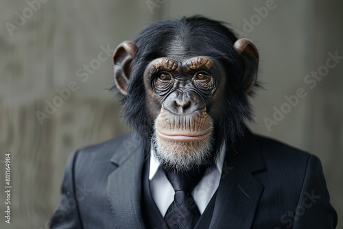 Chimpanzee dressed in a business suit, inviting reflection on the similarities between humans and primates
