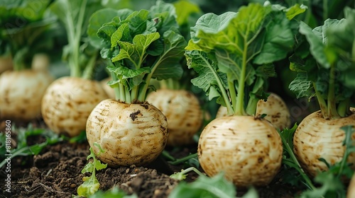 A close-up of freshly harvested rutabagas with their greens.