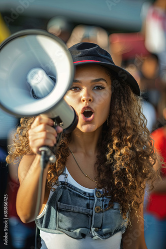 Female activist passionately using a megaphone to protest and advocate for social justice and change