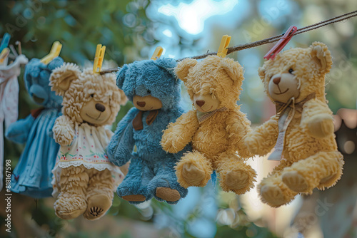 Nostalgic scene of teddy bears hanging from a clothesline, evoking childhood memories and innocence