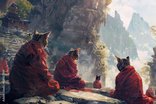 Buddhist Monks Cats in red robes praying in mountain temple, Tibetan religious cats