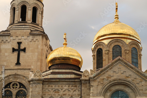Upper facade, roof, cupolas, bell tower of the Dormition of the Mother of God Cathedral in Varna, Bulgaria