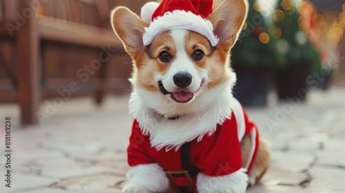 Adorable chubby corgi pup dressed as Santa Claus, its chubby frame spreading holiday cheer wherever it goes