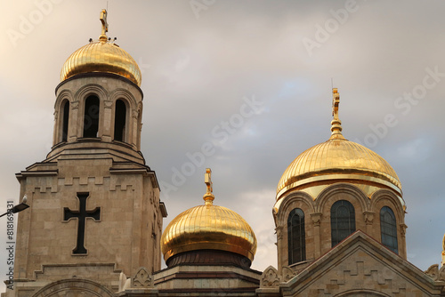 Roof, cupolas, bell tower of the Dormition of the Mother of God Cathedral in Varna, Bulgaria