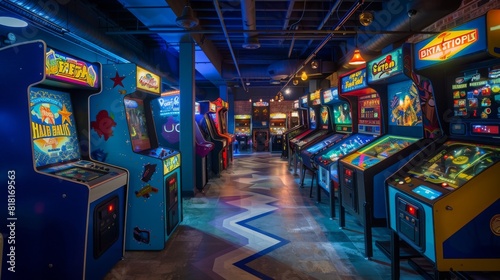 A vibrant retro arcade filled with pinball machines and various arcade games, brightly lit under neon lights at night.