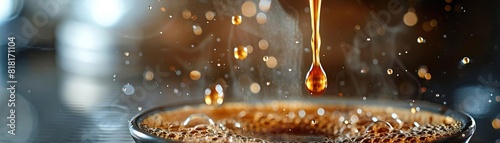 A vibrant, detailed shot of coffee dripping through a metal filter, emphasizing the clarity of the drip and the steam, set against a clean, neutral backdrop, extensive space on the