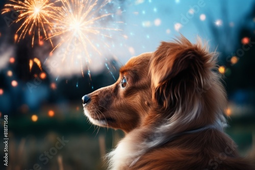 Cute domestic dog looking on the fireworks. Generative AI