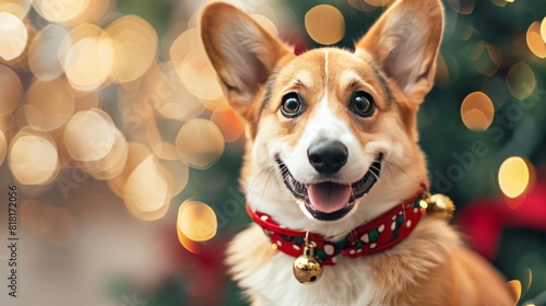 Adorable chubby corgi pup wearing a jingle bell collar, spreading holiday cheer with every joyful jingle
