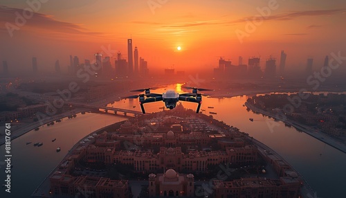 drone flying over the city with an aerial camera, capturing high resolution, high quality, high detail photography in the cinematic style with cinematic lighting and a film look.. Generative AI