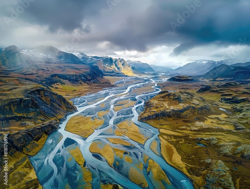 Iceland River Aeral View, Serene Icelandic River Flowing Through Rugged Landscapes, North River