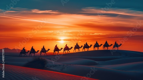 Generate a visual narrative of a caravan of camels trekking across the sandy dunes