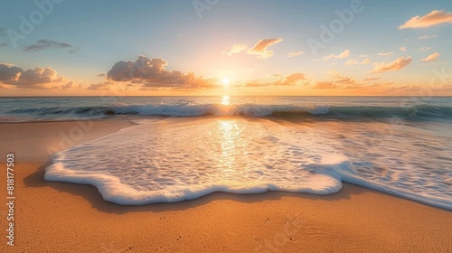 A serene beach at sunrise, with golden sand, gentle waves, and the first light of the day reflecting off the calm ocean, evoking a sense of tranquility and peace 
