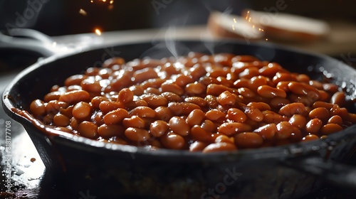 Homemade Barbecue Baked Beans in a Black Skillet,Romania,