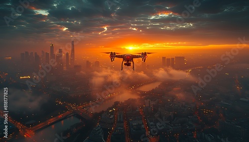 A drone with a camera flying over the city, remote control aerial photography of the cityscape background, the urban skyline, with a wide angle lens. Generative AI