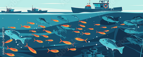 Deepsea fish farming flat design top view theme of aquaculture innovation cartoon drawing Splitcomplementary color scheme
