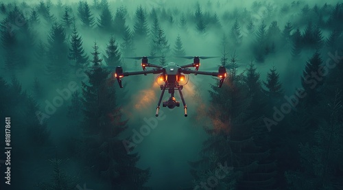A drone with cameras and lights flying over the forest at night, creating an eerie atmosphere. Generative AI