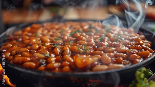 Homemade Barbecue Baked Beans in a Black Skillet,Romania,