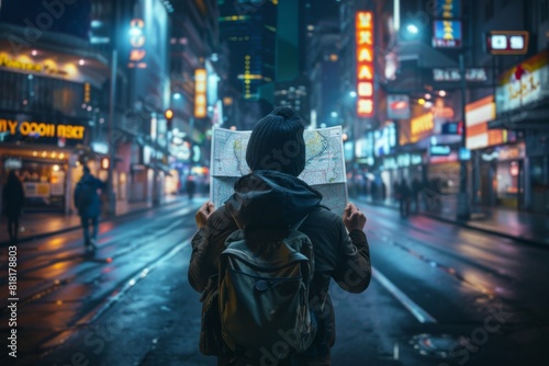 Someone is looking at a map in the middle of a city, traveller portrait