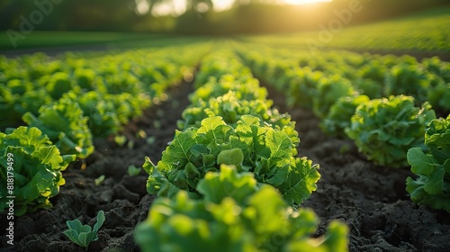 A field of vibrant green endive growing in neat rows.