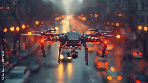 Drone flying over city street with cars, sunset light. Drone camera on urban road background. Concept of drone technology for photo and video shooting or traffic control in modern metropolis. Generati