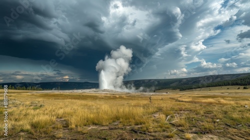 The geysers eruption captured against a dramatic cloudy sky