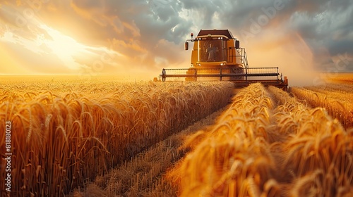 A farmer driving a combine harvester through a field of rye.