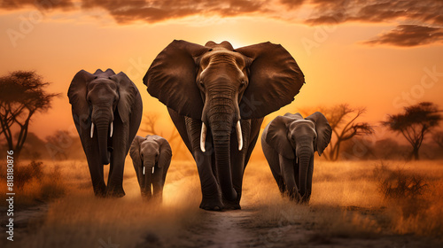 A family of elephants walking together in the African savannah, symbolizing strength and unity