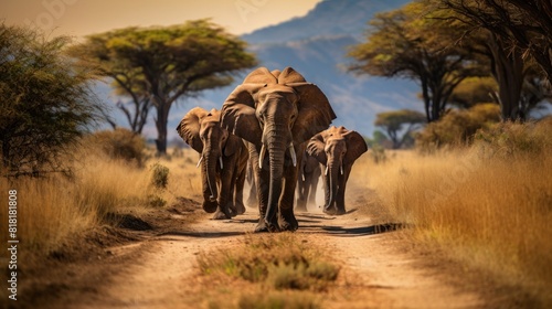 Herd of Elephants Walking Through African Savanna Scenery
