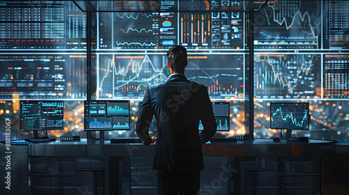 Modern Trader Monitoring Multiple Screens in High Tech Office Emphasizing Advanced Technology and Real Time Data in Trading Environment