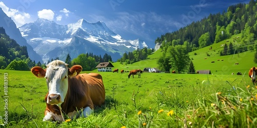 Scenic Swiss village with green fields cows and Alps in background. Concept Travel Photography, Nature Views, Alpine Charm, Swiss Countryside, Idyllic Landscapes