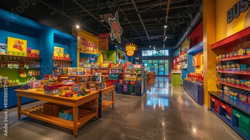 A brightly colored toy store featuring shelves filled with a wide variety of toys for children of all ages.