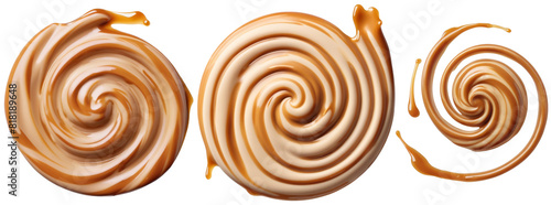 A set of caramel curls highlighted on a transparent background. Caramel splashes on a white background.