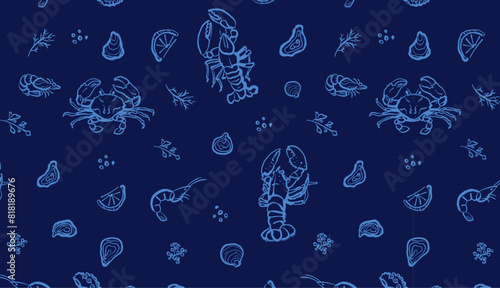 Seafood hand drawn seamless pattern on dark blue background. Crab, lobster, and shrimp with lemon and herbs illustration. Ocean and sea delicacy wallpaper. Design for branding, restaurant and menu.