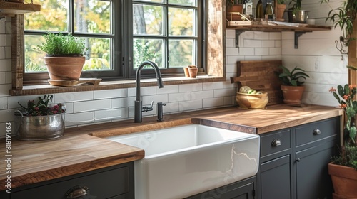 A modern kitchen with open shelving, butcher block countertops, and a farmhouse sink