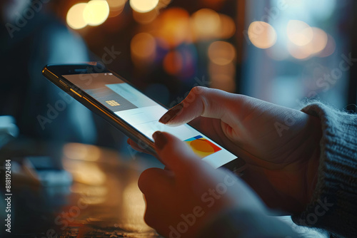 Person selects debit card on smart wallet app for secure and convenient payment, expression of trust in technology