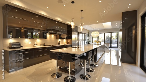 A spacious, modern kitchen featuring glossy cabinets and modern lighting