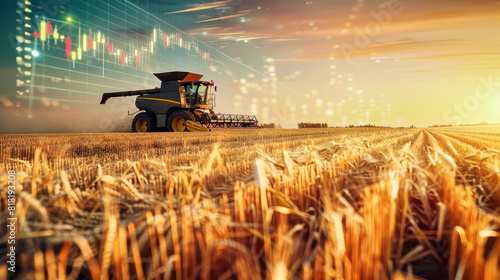 A combine harvester gracefully reaps wheat in a golden field at sunset, surrounded by rising stock exchange charts reflecting agricultural product prices
