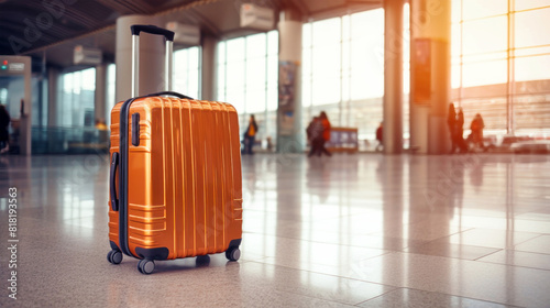 An orange suitcase sits alone in an airport terminal, filled with the hopes and dreams of a traveler ready for their next adventure