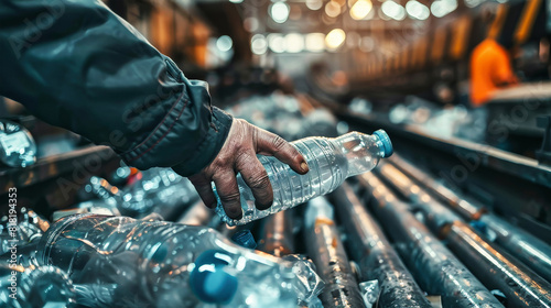 A person sorts plastic bottles on a conveyor belt at a waste recycling plant, taking action to clean up the environment
