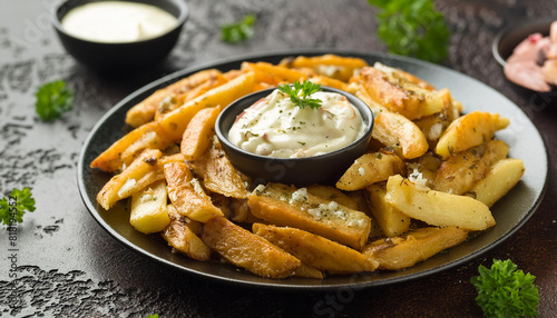 Oven baked fries with garlic aioli sauce. Tasty snack. Delicious food for dinner. Culinary concept