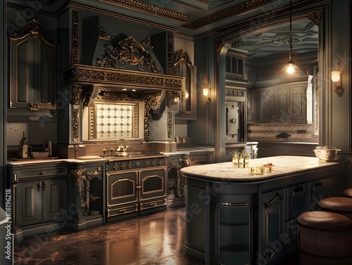 VictorianInspired D of a Traditional Elegance Kitchen with Ornate Stove and Marble Breakfast Bar