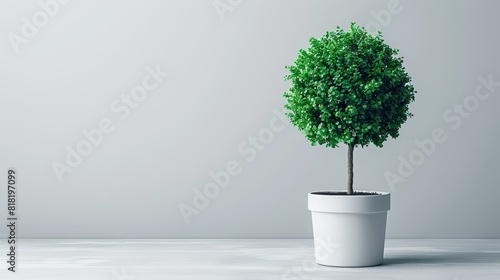  A potted plant with a small green tree at its core, situated on a table before a gray wall