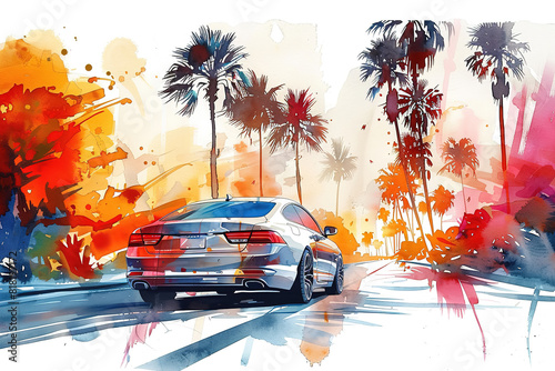 Abstract colorful watercolor and sketch illustration car is driving down a road in front of palm trees